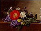 Famous Marble Paintings - Lilacs, Violets, Pansies, Hawthorn Cuttings, And Peonies On A Marble Ledge